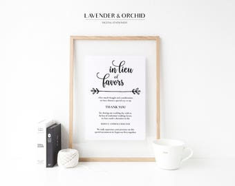 Wedding donation signs, In lieu of favors signs, Wedding favor signs printable, Instant download, Beautiful design, Elegant wedding signs