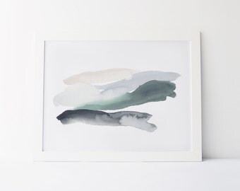 Watercolor Painting, Modern Watercolor Fine Art Giclée Print, Abstract Landscape, Green and Dove Grey