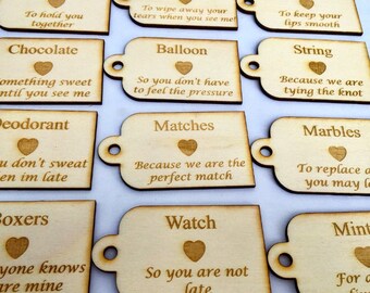 Pack of 10 groom box tags, wedding day gift for him, labels for groom kit, groom survival tags, wooden tags, wedding keepsake gift tags