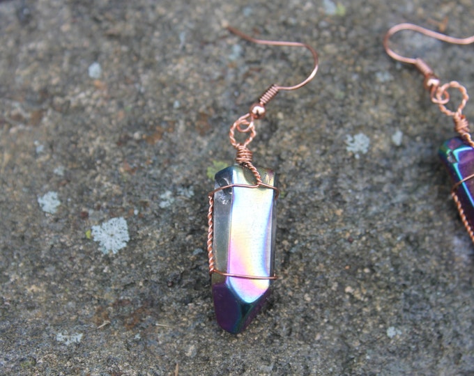 Rainbow Aura Quartz Crystal Tip Earrings & Pendant Set Twisted Copper Wire Wrap Jewelry Set, Blue Stone Jewellery, Boho Hippie Gift for Her