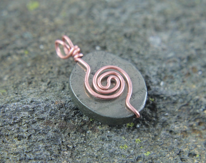 Copper Wire Wrap Pyrite Pendant with Spiral Accent, Natural Stone Necklace, Simple and Small Gift for Him or Her, Mens or Ladies Jewelry