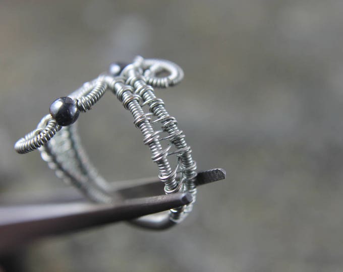 Adjustable Wire Weave Hematite Ring, Large Thumb Ring, Unique Wire Wrap Ring