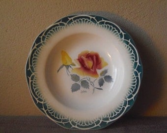 Sarreguemines Digoin "Marinette" French Vintage China 1950's Assiette Creuse Yellow Pink Rose with Artists Signature