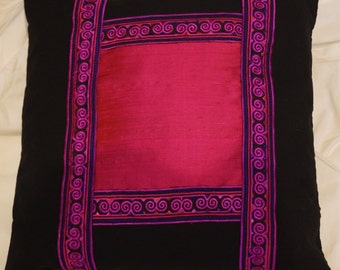 Pink Thai 2 series: cushion, 40 x 40 (16 x 16), Indian dupioni silk, pink, thai fuchsia pink, cotton embroidered stripe black.