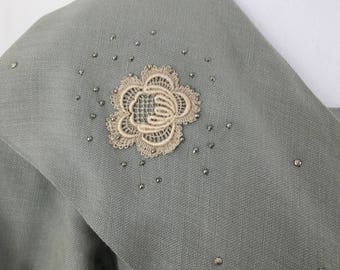 1930's Green-Gray Dress with Lace Embellishments & Tiny Silver Studs