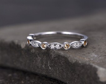 Citrine Sterling silver stacking band/white CZ wedding ring/stackable ring/Matching band/gift for her/White gold plated/half eternity/pave