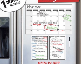 Magnetic Calendar Dry Erase Board - Monthly Calendar Planner - Refrigerator Family Chart - 17x11" Reusable Erasable Calendar (2) BONUS 6"x9