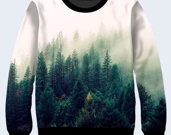 Forest Trees Coat, Nature Sweatshirt, Cool Sweatshirt, Sweatshirt for Women, Womens Sweatshirt, Pullover, Sweat Shirt, Green, White