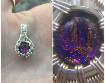 Sterling Silver Wire Wrapped Dichroic Glass Pendant, Heady Wire Wrap, Glass Wire Wrap, Heady Glass Pendant, Heady Pendant