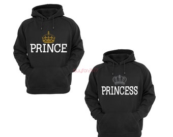 Prince Princess Hoodies King Queen Raglan Hoodies Couple Hoodies pärchen pullover Couple Sweatshirts Hooded Gift For Couples Black