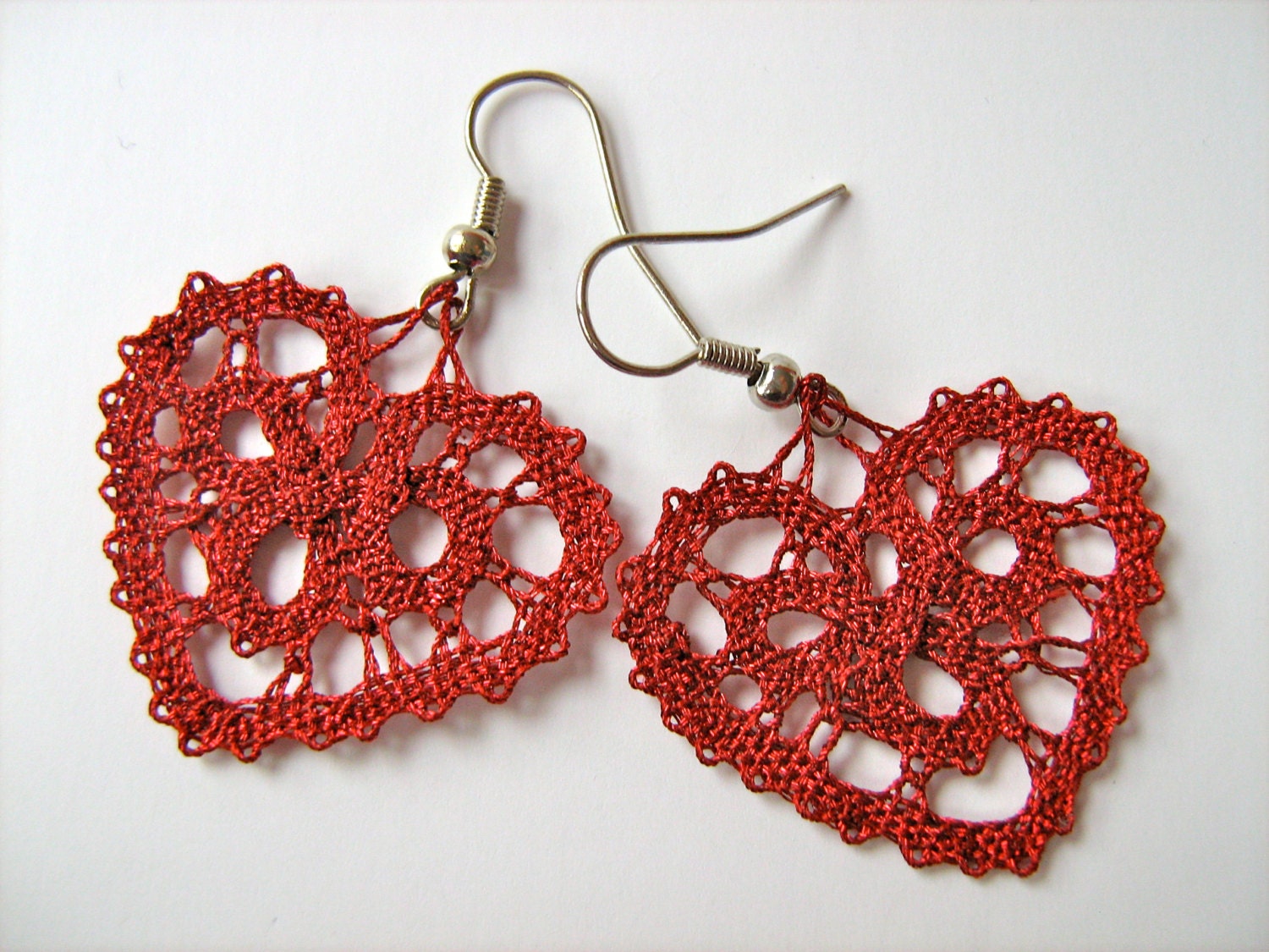 Bobbin Lace Earrings Heart/ Handmade Bobbin Lace Jewelry/