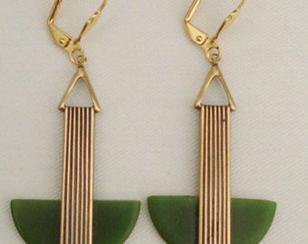 Vintage Art Deco 'Odeonesque' olive green bakelite earrings
