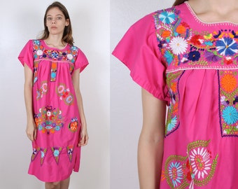 Vintage Pink Mexican Dress // Embroidered Knee Length Boho Hippie Dress - Small