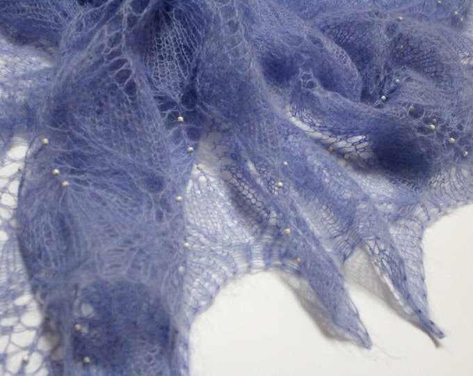 FREE SHIPPING, Openwork shawl handmade light blue made from Kid mohair, wedding shawl ,with beaded shawl, delicate shawl, crochet shawl
