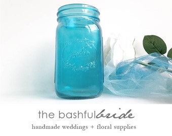 Blue mason jar, aqua mason jar, turquoise centerpiece, glass vase, turquoise glass, glass jar, beach wedding, farmhouse wedding, rustic wed
