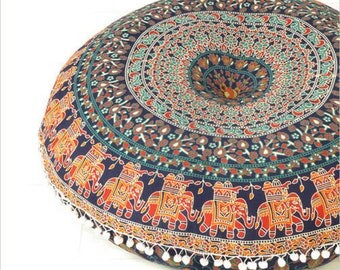 Mandala Floor Pillows 32 Round Meditation Cushion Cover Ottomans Poufs Elephant Throw Sofa Mat Cushion Case Poufs Round Cushion Cover Pillow