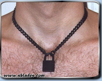 Black-lock Neck Chain, BDSM locking necklace chain, Gothic chain jewelry w/padlock, Punk costume style