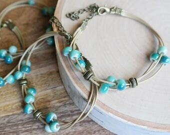 Ceramic Sky Blue Boho Bead Bracelet Waxed Linen Cord For Women/ Girls Jewelry