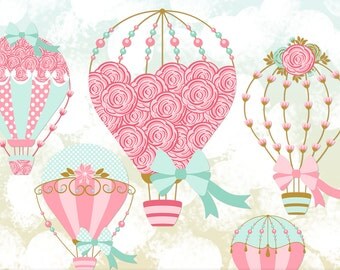Digital Hot Air Balloon Clipart, Wedding Hot Air Balloon Clipart, Hot Air Balloon Party Clip Art, Bridal Shower Clipart, Emerald and Salmon