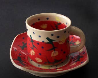 Espresso coffee mug, red small mug, porcelain mug, pottery mug, ceramic mug, handmade mug