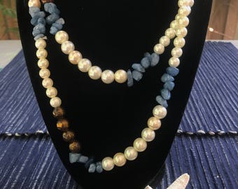 Long pearl and gemstone wrap necklace