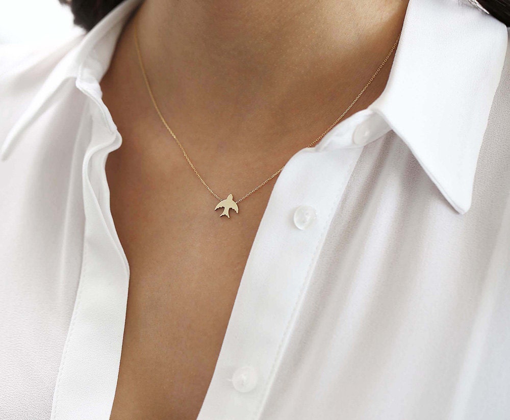 Delicate Gold Necklace/ Swallow Necklace/ Single Bird Necklace/ Flying Bird Charm Necklace/ Custom Minimalist Gold Fashion Necklace/ 14k