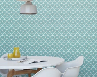 Fish scales aqua removable wallpaper / cute self adhesive wallpaper / scallop geometric temporary wallpaper G177-27
