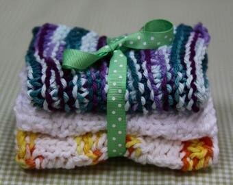 Knit Dish Cloths, Blue Multi/White/Yellow Multi
