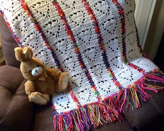 Crochet Afghan throw blanket for youth in white with rainbow trim