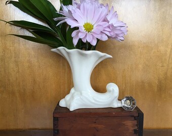 Vintage White Cream Stoneware Cornucopia Bud Vase