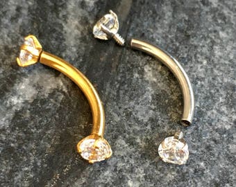 Gold Silver CZ Curved Barbell.Helix Rook Tragus Cartilage Eyebrow Barbell.5003.