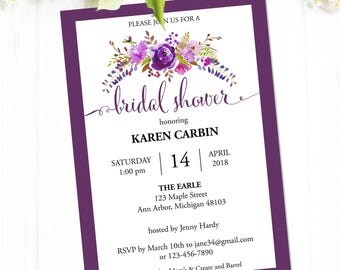 Bridal Shower Invitation Instant Download, Printable Bridal Shower Invites with Purple Flowers, Editable PDF Template #MCS-03