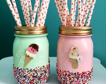 Mint and Pink Ice Cream Party Mason Jars with Sprinkles, Summer Party, Colorful Mason Jars, Summer Decoration, Ice Cream