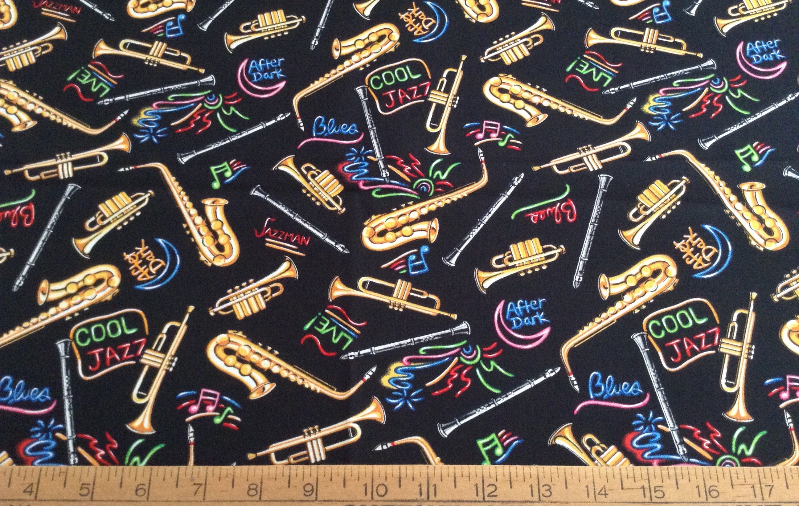 Horn musical instruments cotton fabric by the yard