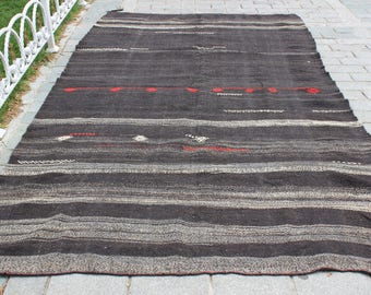 Black And Gray Kilim Rug, 10.5"x6.5"Feet, Goat Hair Kilim Rug,Vintage Home Decor,Handmade Kilim Rug,Navajo Kilim Rug,Nomadic Kilim Rug