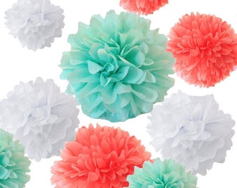 Set of 18 Mixed Coral Mint Green White DIY Tissue Paper Pom Poms Flower Ball Baby Shower Wedding Engagement Birthday Party Decoration