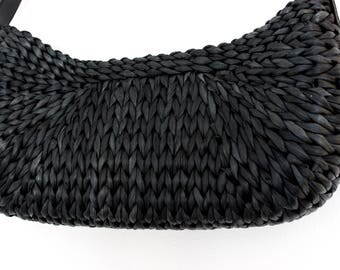 Vintage black bag straw bag faux leather handle VEGAN bag