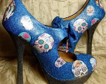 Day of the dead shoes, high heels, women's shoes, stiletto heels, bow knot heels, funky shoes, customised shoes