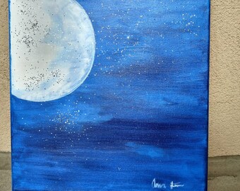 Acrylic painting. Blue moon. Hand painted.