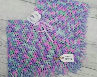 Crochet poncho hand made baby girl butterfly embellishment fringed girls clothing lilac ribbon