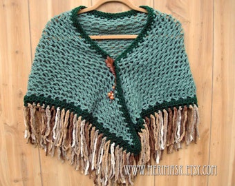 Green Oak Crochet Shawl... knit crocheted fringed yarn leather leaf tie bohemian boho