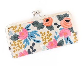 Floral Cell Phone Wallet Clutch with Kisslock Frame Closure in Pink and Cream Floral Print Cotton