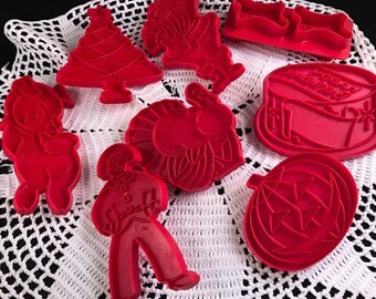 Set of 8 Vintage Red Plastic Cookie Cutters Holiday and More