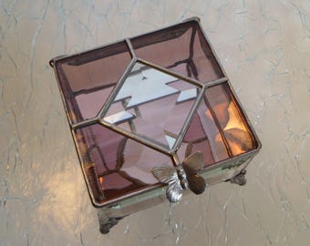 Amethyst Stained Glass Jewelry Box with Bevels and Butterfly Handle or Your Choice of Handle and Lid Colors, Hand Made