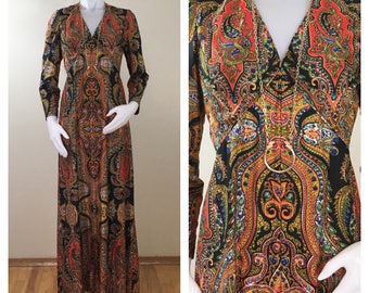 70s Black Red Gold Paisley Long Sleeve Empire Waist Maxi Dress, Size Medium