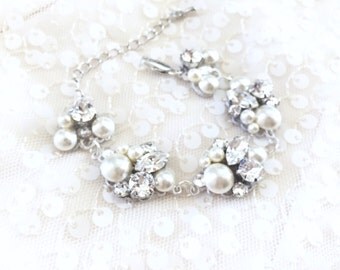 Pearl Rhinestone Cluster Wedding bracelet, Swarovski Bridal Jewelry, handmade Bridal bracelet, couture bridal accessories