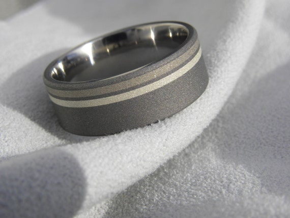 Titanium Silver and White Gold Inlay Ring, Wedding Band, Mens Ring, Sandblasted, Unique Ring