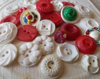 Vintage Buttons - Cottage chic mix of red white and a touch of green of 27 old and sweet( may 76 17)