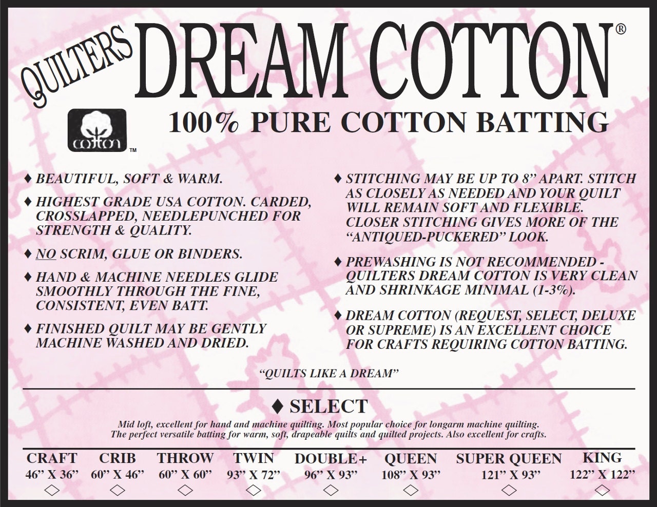 Quilters Dream Cotton Select Batting Twin Size White Color