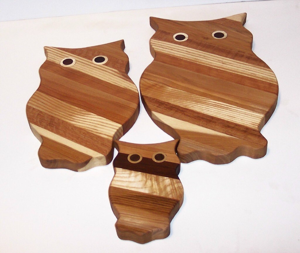 3 Owl Wood Cutting Board Set Handcrafted from Mixed Hardwoods